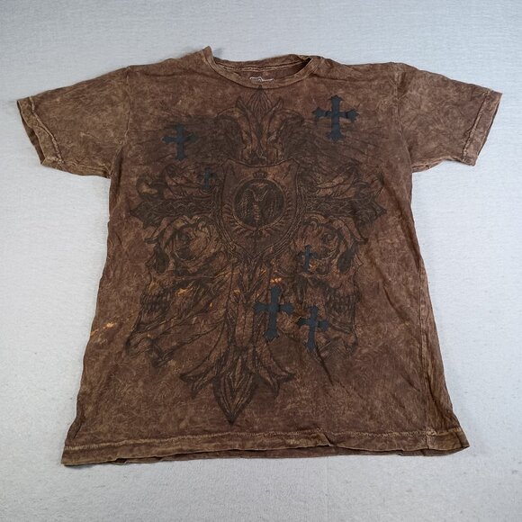 MMA Elite Men's Large Brown Cyber Skull Cross Gothic AOP Y2K Muscle T-Shirt - Picture 1 of 5